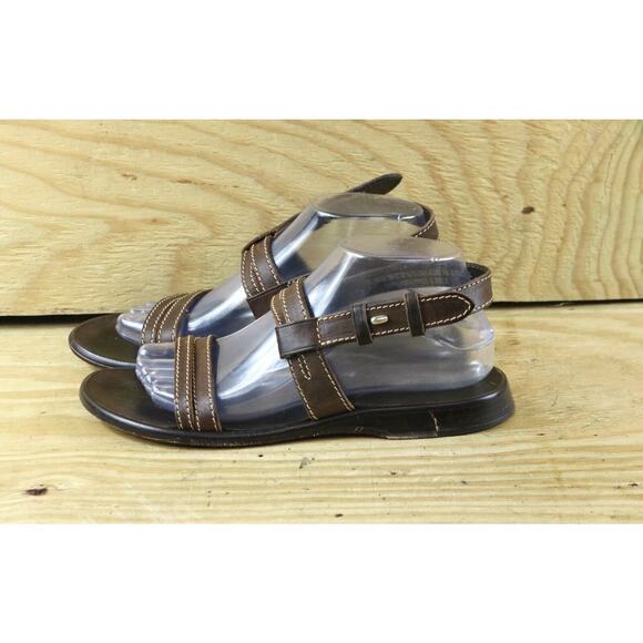 Ralph Lauren Sandals Womens Brown Leather 8.5 B Buckle Stud Vtg Slip On Flats - Picture 1 of 8